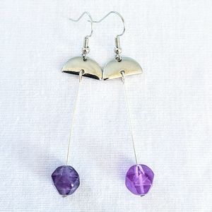 Subtle Delights Handmade Abstract Silver Dangling Earrings w/ Amethyst Pendants